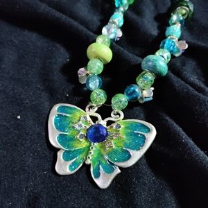 Handbeaded green & blue butterfly necklace